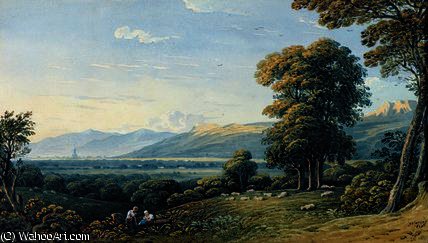 Figures Resting On A Hillside With A Church Spire — John Varley I (the Older)