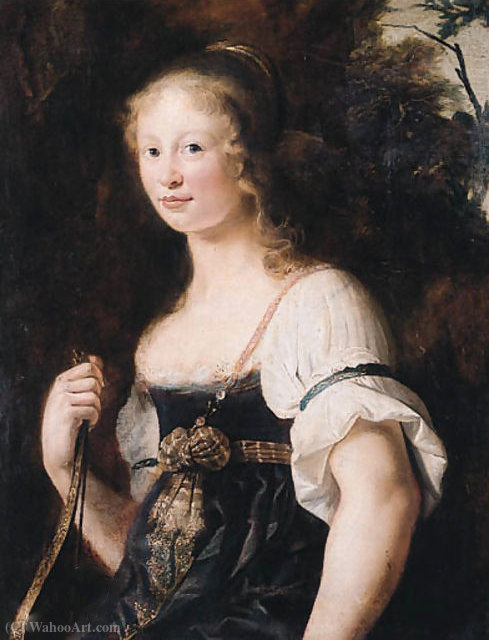 A Portrait Of A Young Woman As Diana, Standing Half Length In A Landscape, Wearing A Green Dress And Chemise, A Wrap Around Her Waist - A Fragment — Christiaen Van Couwenbergh