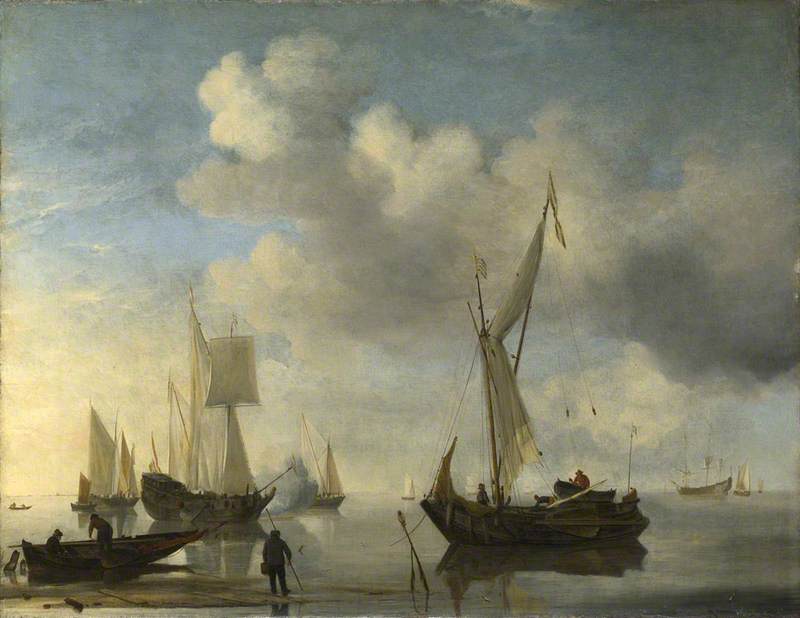 Dutch Vessels Lying Inshore In A Calm, One Saluting — Willem Van De Velde The Elder