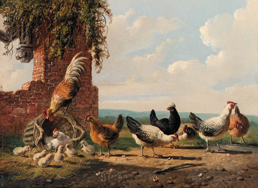 Rooster And Chickens In A Landscape By A Ruin; And Rooster And Chickens By A Ruin — Albertus Verhoesen