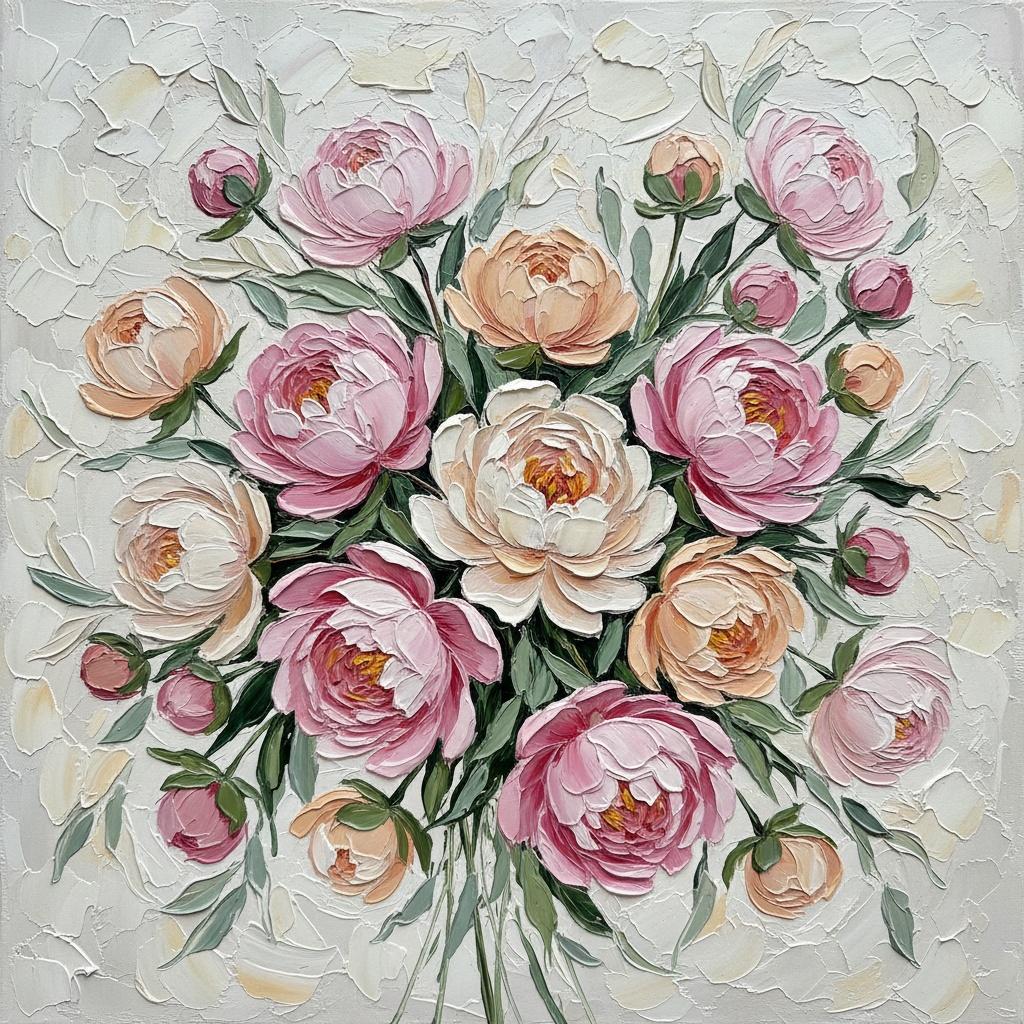 Skulpturale Gelassenheit: Eine Monumentale Impasto-studie Von Strahlenden Pfingstrosen In Rosé Und Grüner Anmut — David Moreau