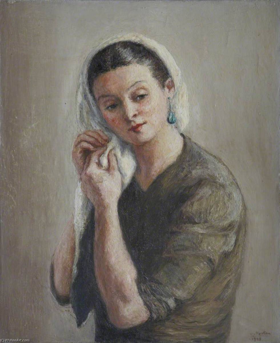 Lady With A White Headscarf And Green Earrings — Georges Van Houten