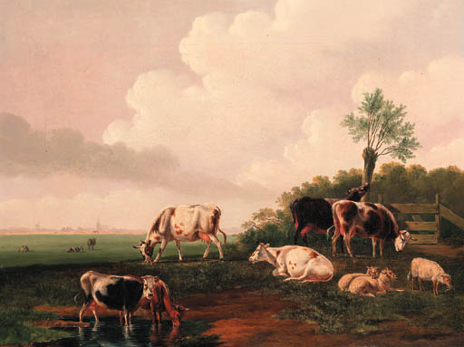 Cattle And Sheep By A Pond; And Travellers On A Country Road — Albertus Verhoesen