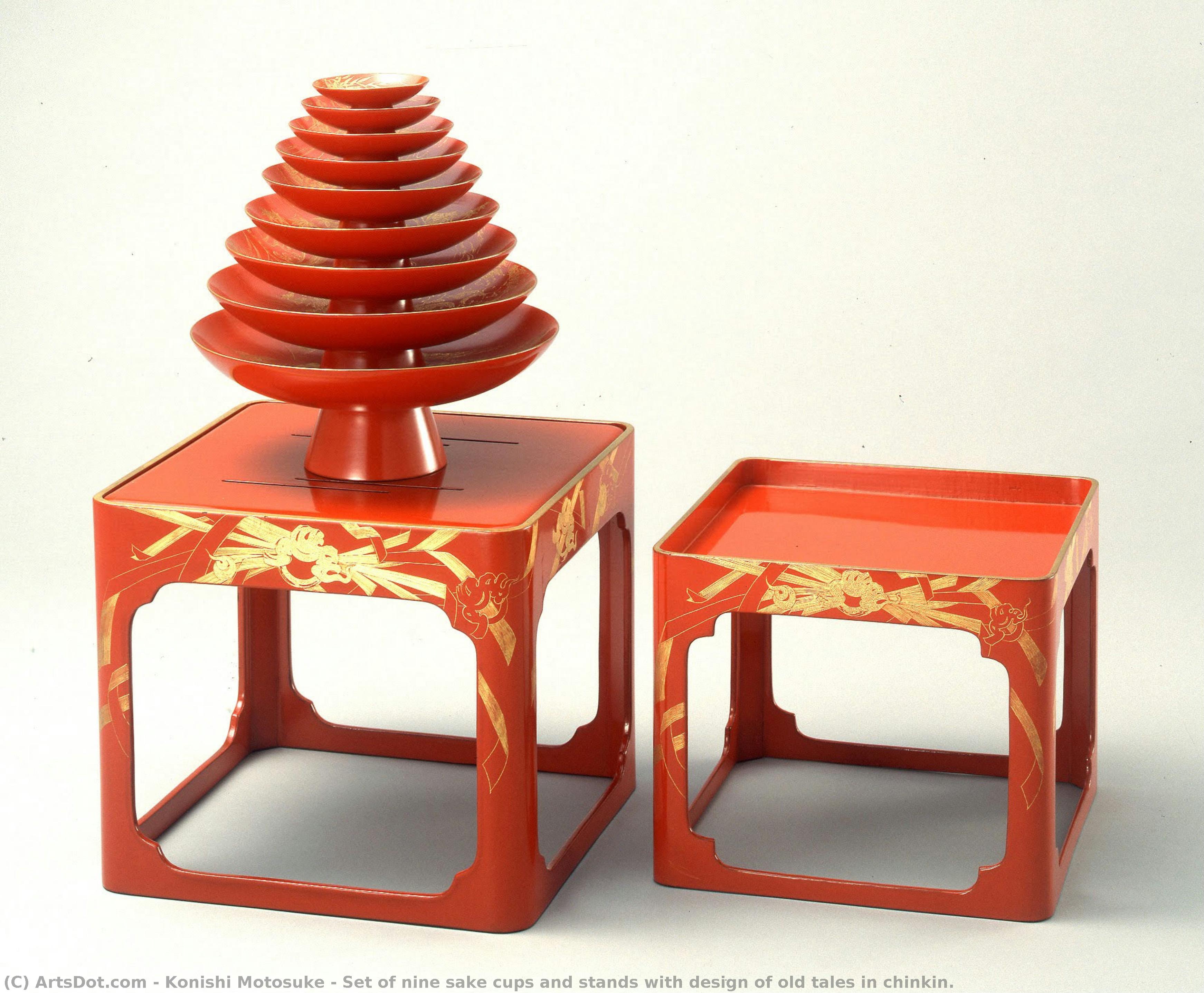 Set Of Nine Sake Cups And Stands With Design Of Old Tales In Chinkin. — Konishi Motosuke