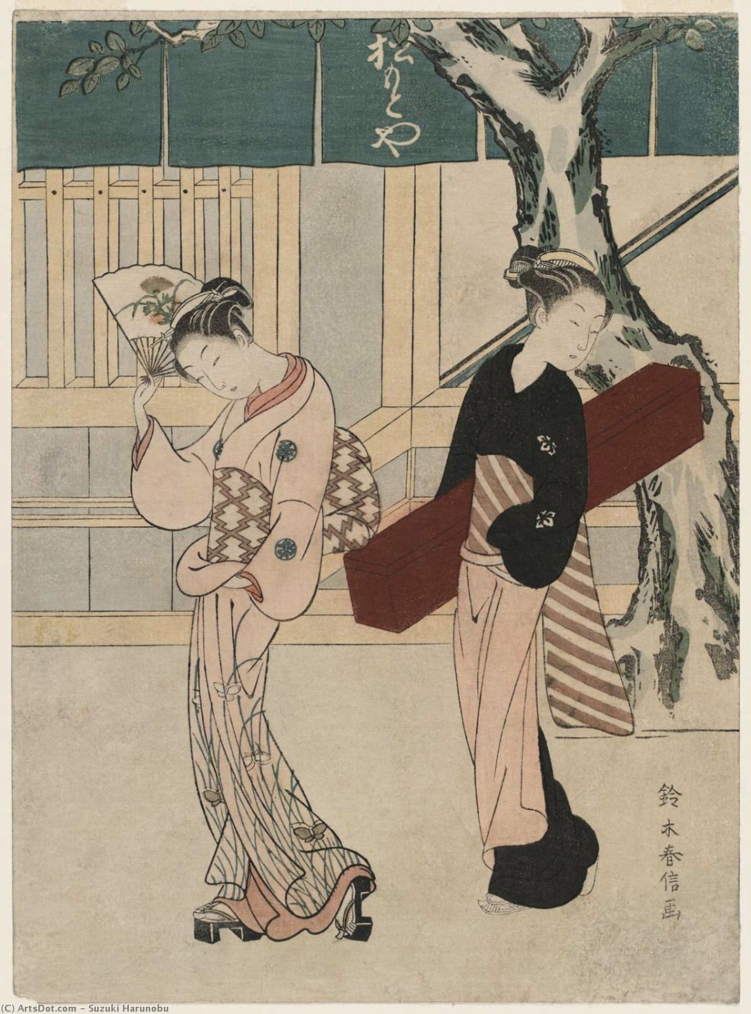 Geisha And Assistant In Front Of The Matsumotoya — Suzuki Harunobu