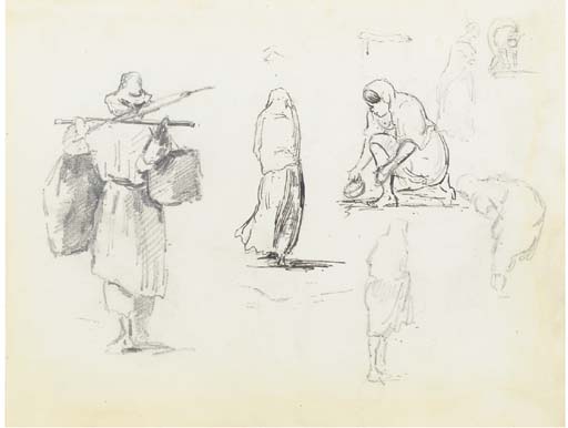 A Man Carrying Two Bags On A Pole Across His Shoulders, And Studies Of Women — Camille Pissarro