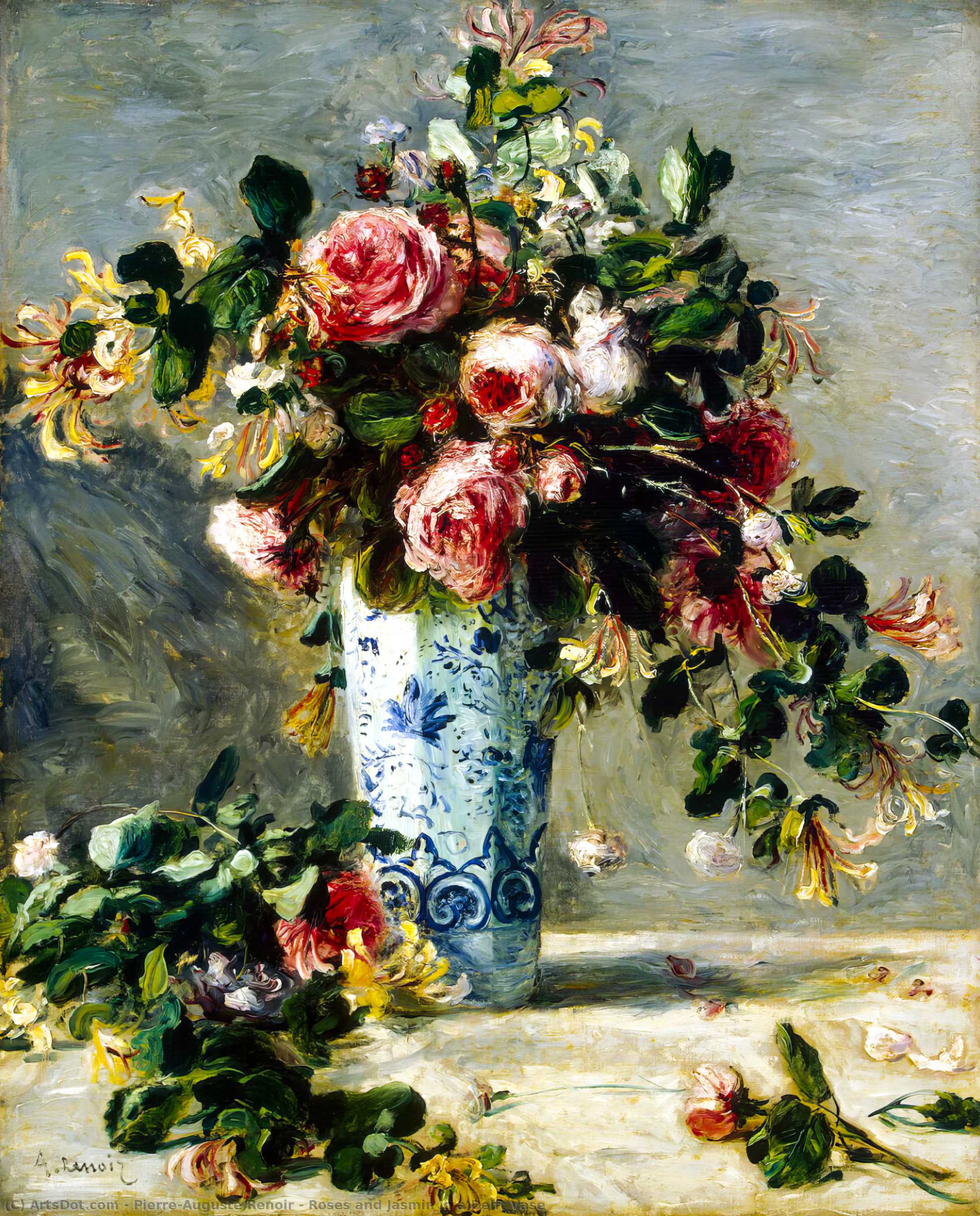 Roses And Jasmin In A Delft Vase — Pierre-auguste Renoir