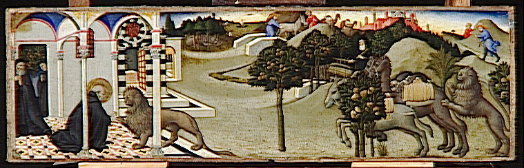 Saint Jerome Enleve Une Epine De La Patte Du Lion.le Lion Poursuit Les Voleurs Qui Avaient Derobe L'ane Du Couvent Et Ramene Avec Lui Une Caravane De Chameaux Charges De Marchandise — Ansano Di Pietro Di Mencio