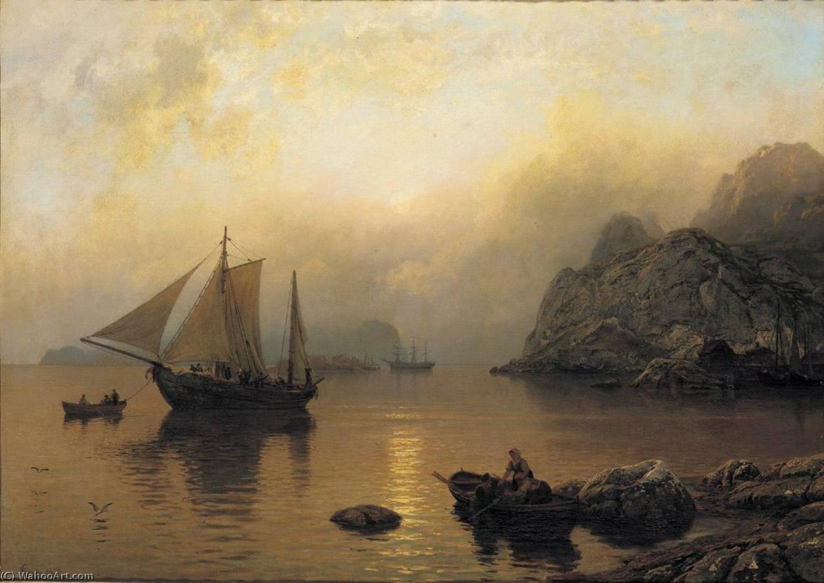 Fishing Party At Sunrise — Hans Fredrik Gude