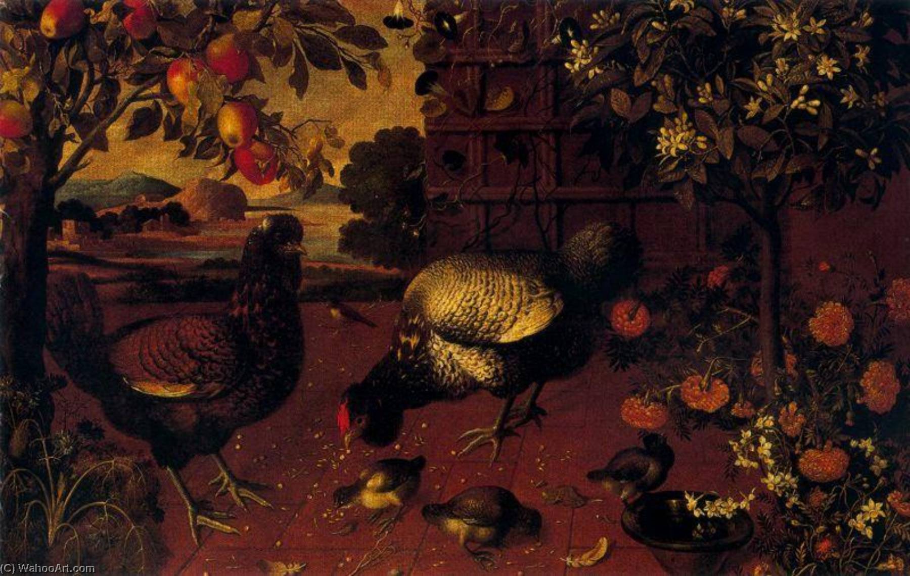 Gallo Y Polluelos Sobre Una Terraza — Tomás Hiepes