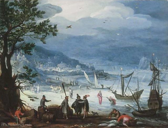 A Coastal Landscape With Fishing Boats And Peasants Disembarking, The Calling Of Saint Peter Beyond — Anthonie Mirou
