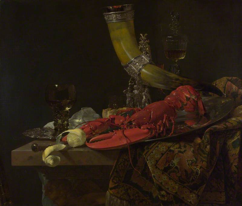 Still Life With The Drinking Horn Of The Saint Sebastian Archers' Guild, Lobster And Glasses — Willem Kalf