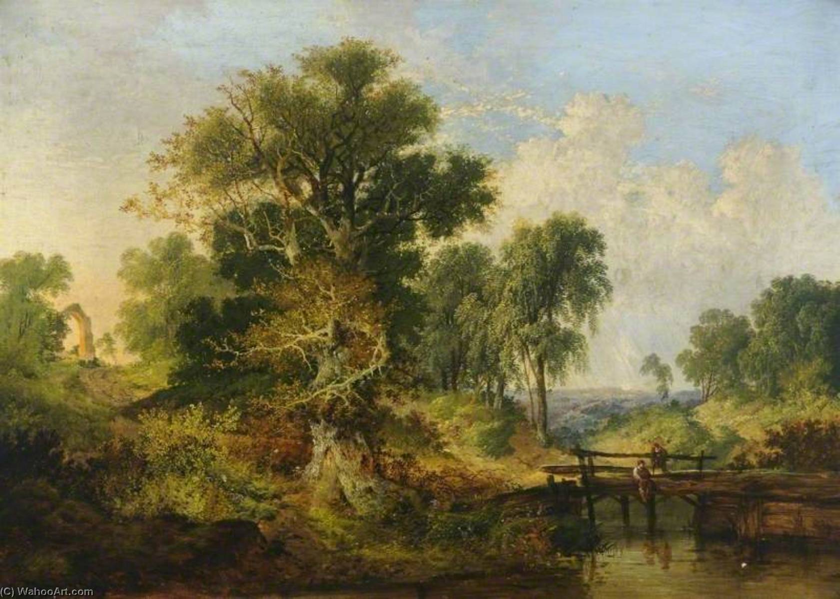 A River Landscape With Figures On A Bridge — Samuel David Colkett