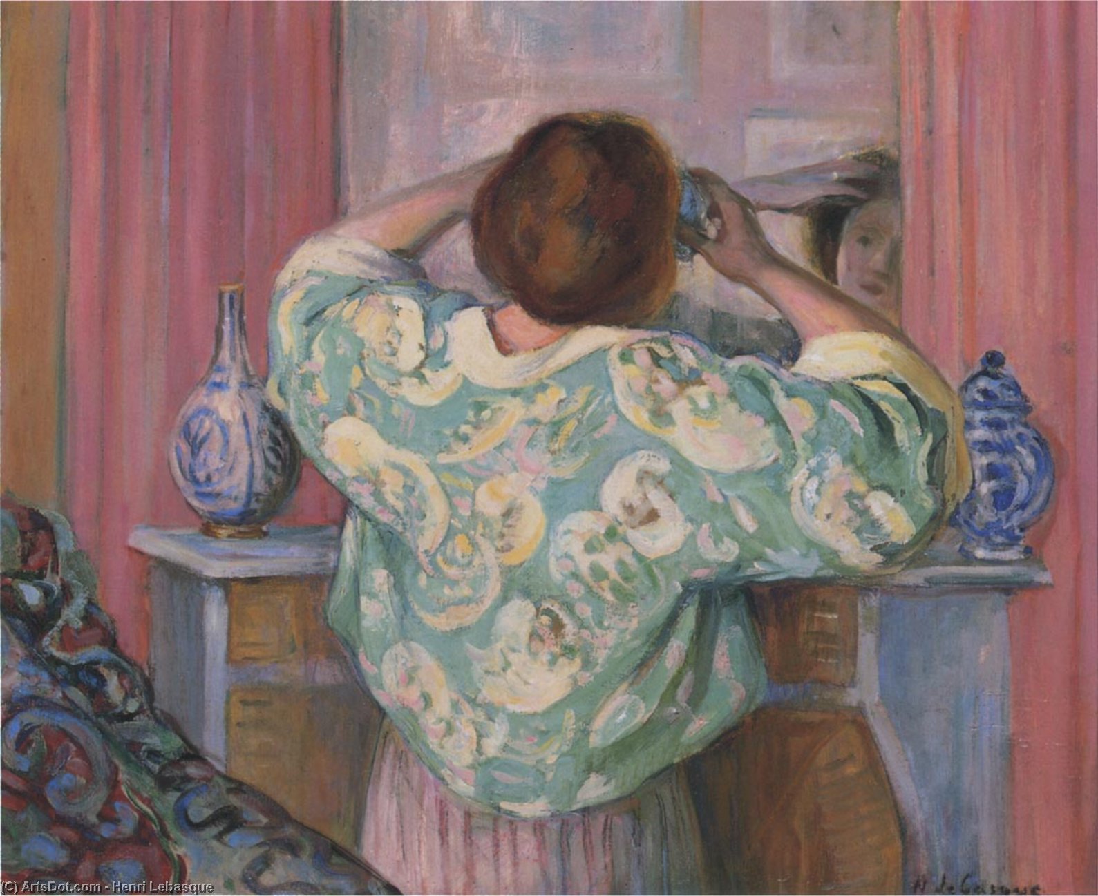 Woman Doing Her Hair At The Mirror — Henri Lebasque