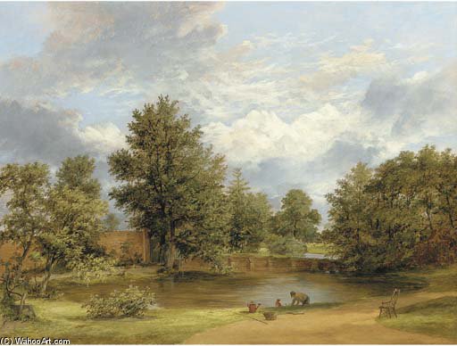 Parkland Landscape With A Gardener By A Pond — James Stark