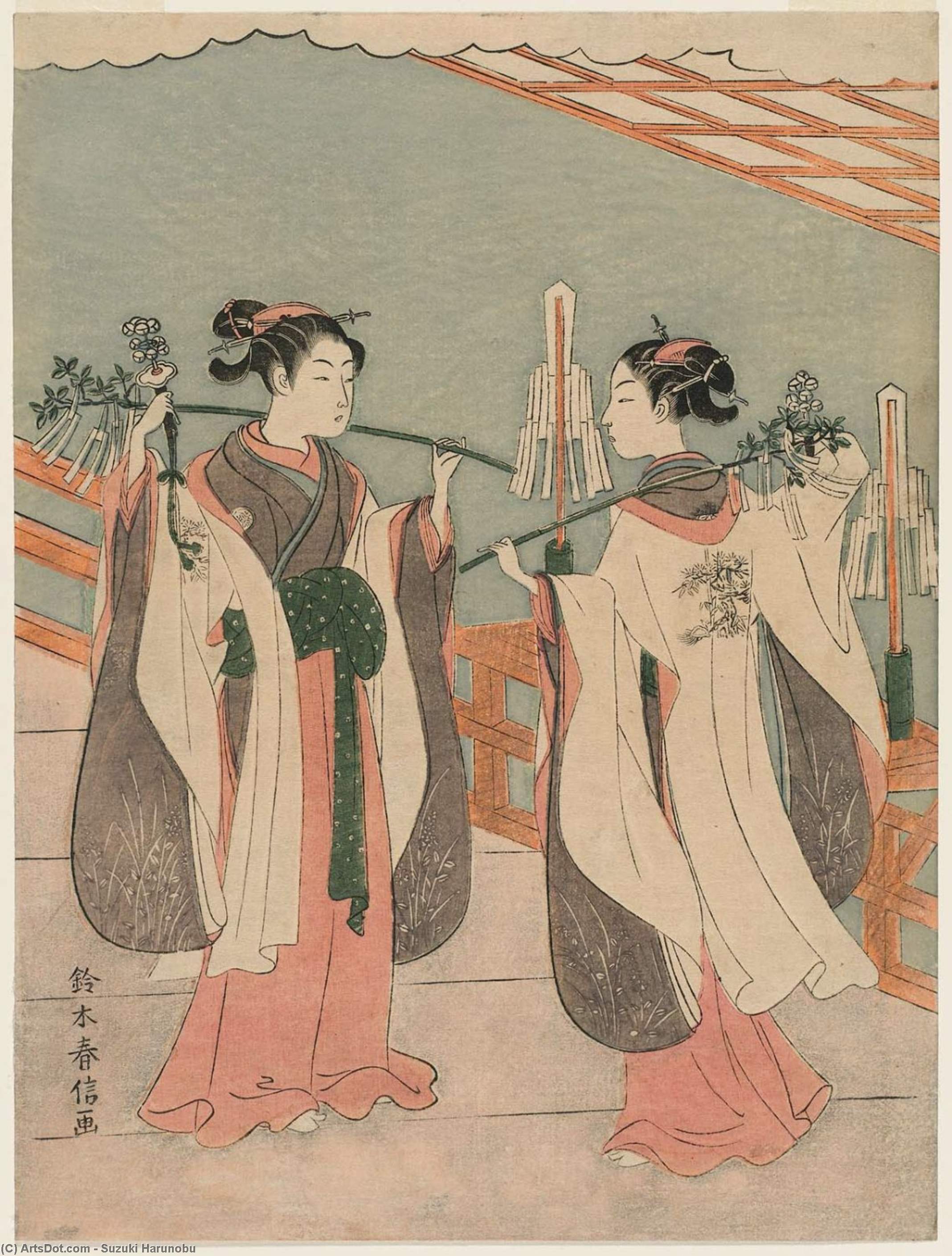 Onami And Ohatsu Dancing At The Yushima Tenjin Shrine — Suzuki Harunobu