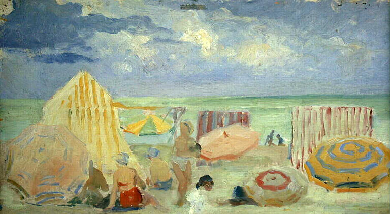 Plage Aux Baigneurs Parmi Les Tentes Et Les Parasols — Rudel Jean Aristide
