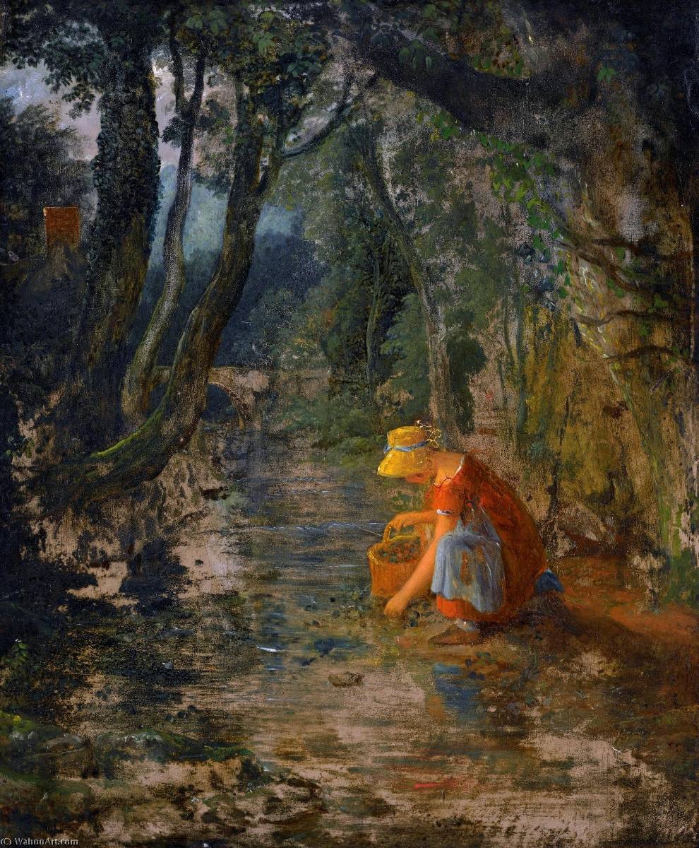 A Girl Collecting Berries By A Brook In A Wooded Landscape — James Francis Danby