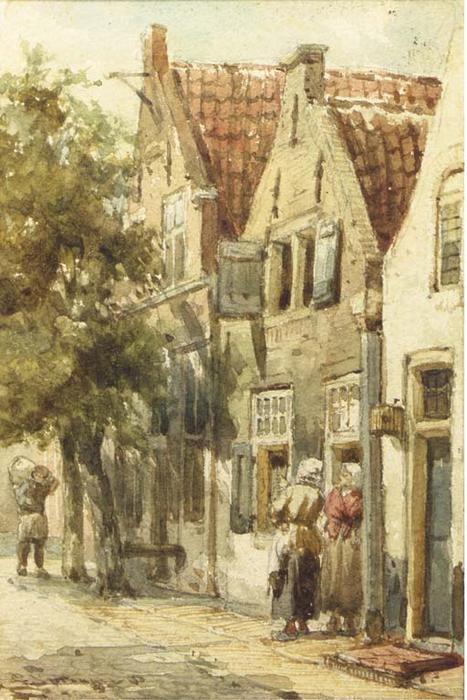 Figures Conversing In A Street, Monnickendam — Cornelis Springer