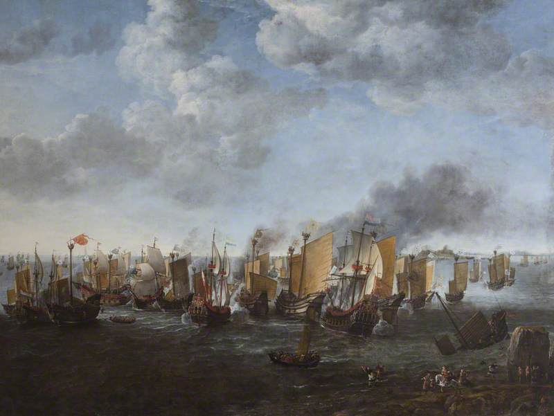 A Battle Between Dutch Ships (the 'texel', 'domburch' And 'arnemude') And Chinese Junks — Simon Jacobsz De Vlieger