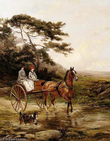 Two Ladies Crossing A Woodland Stream In A Gig — Heywood Hardy