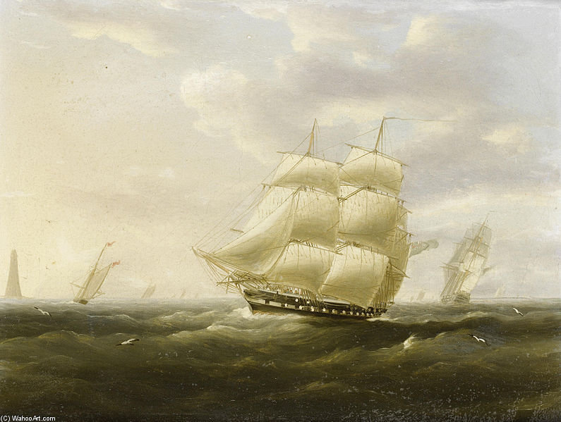 A British Frigate Bowling Down The Channel On A Breezy Day Past The Eddystone Lighthouse — Thomas Buttersworth