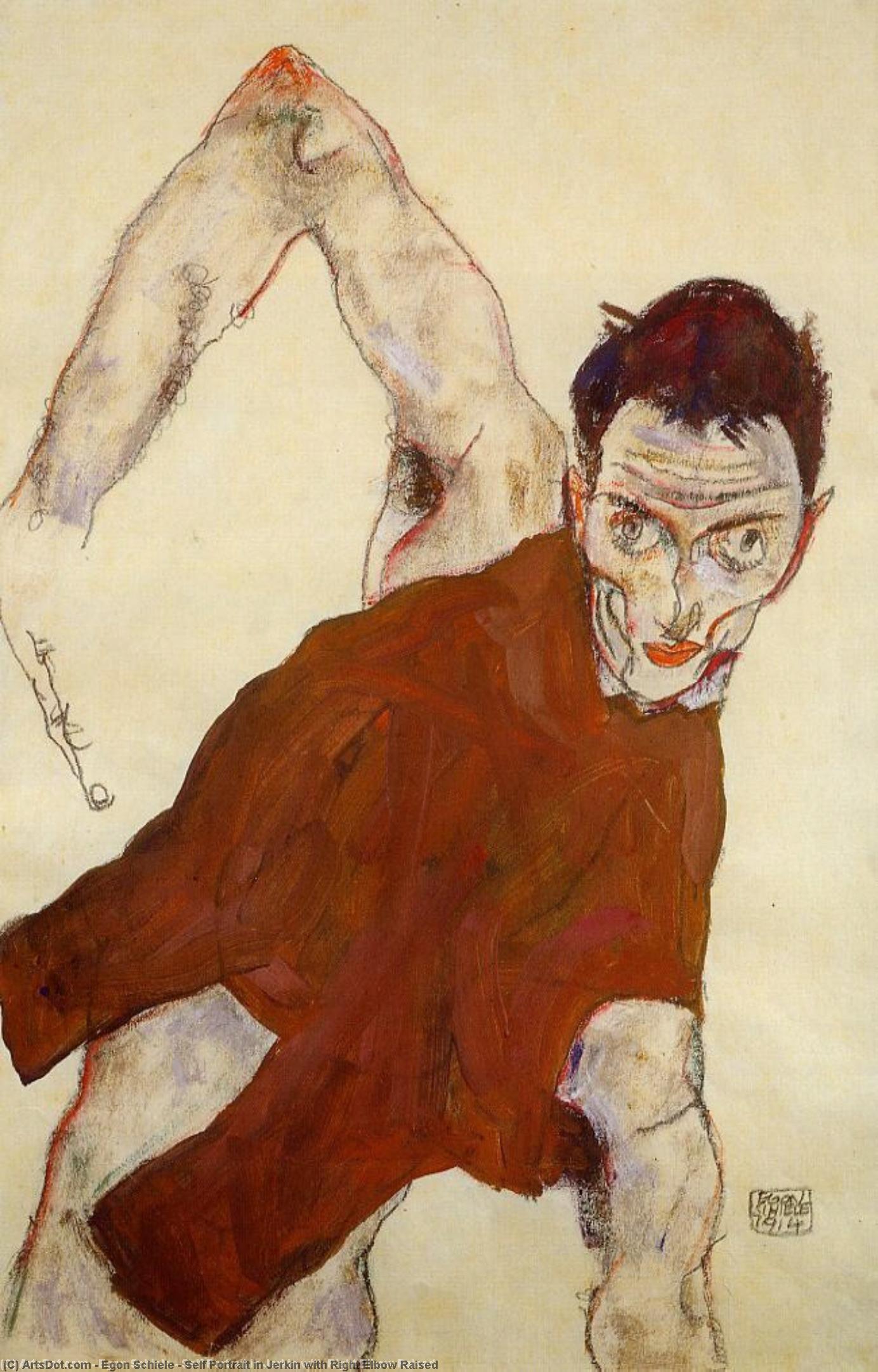 Selbstbildnis Mit Erhobenem Rechtem Ellbogen In Weste — Egon Schiele