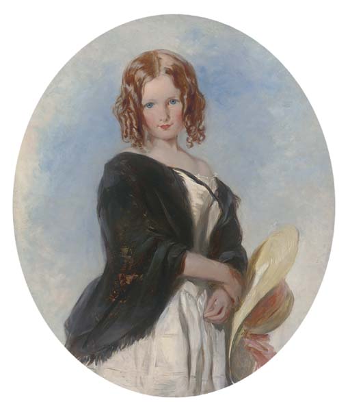 Portrait Of A Young Girl,three-quarter-length, In A White Dress Holding A Summer Hat — Thomas Uwins