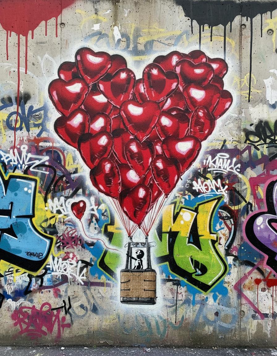 Crimson Heart Ascending Over The Vibrant Chaos Of Urban Street Poetry — Théo Masson
