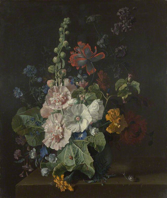 Hollyhocks And Other Flowers In A Vase — Jan Van Huysum