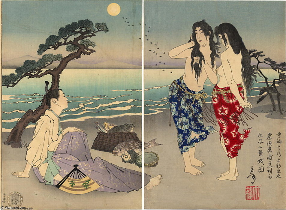 The Courtier And Poet Ariwara No Yukihara And Two Awabi Divers — Tsukioka Yoshitoshi