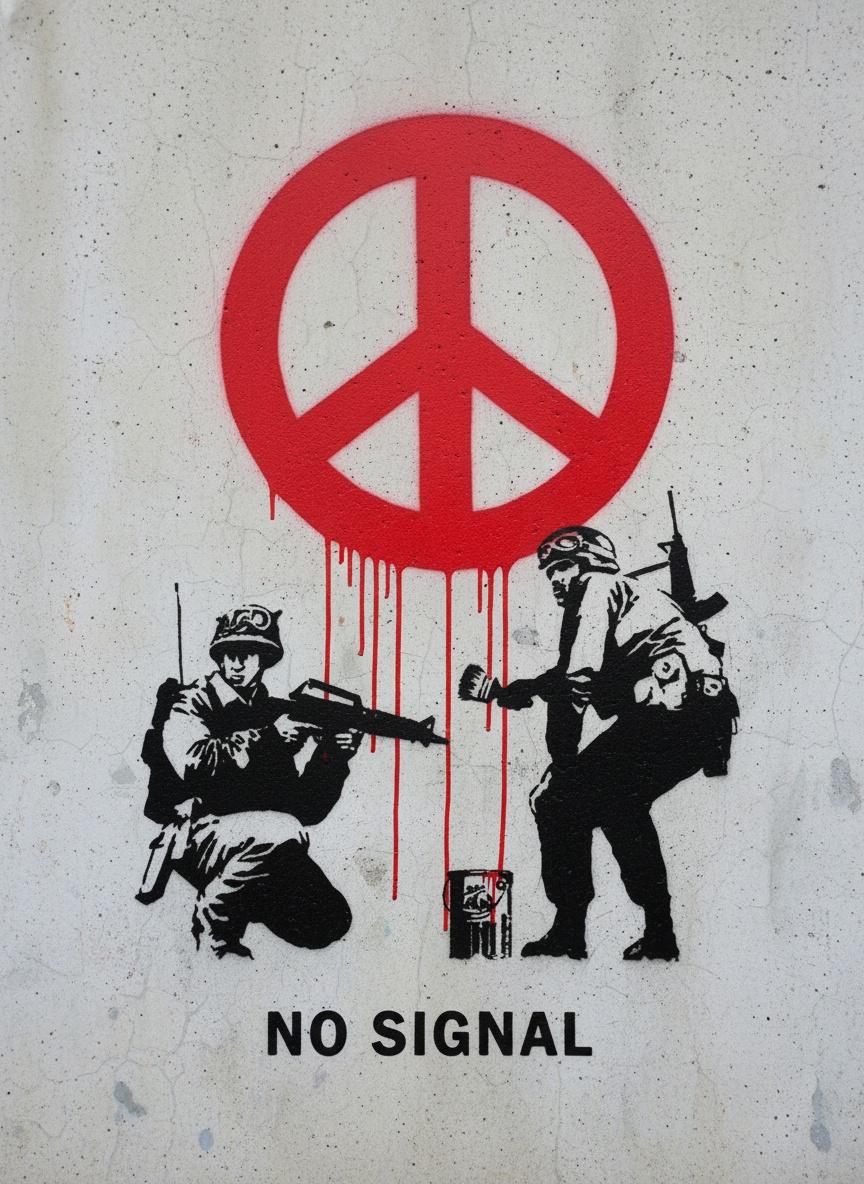 Echoes Of Silence: A Monumental Stencil Of Crimson Peace And Shadowed Solitude — Gabriel Lefèvre