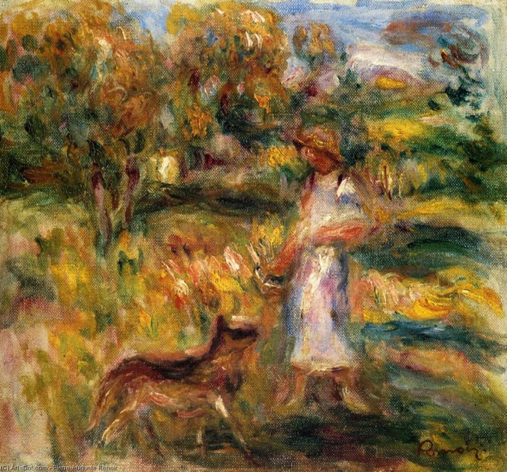 Frau In Blau Und Zaza Im Landschaftsbild — Pierre-auguste Renoir