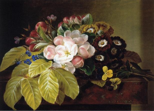 Pansies, Appleblossoms, Gloxinia, Phlox And Primula Auricula On A Brown Marble Ledge — Johan Laurentz Jensen