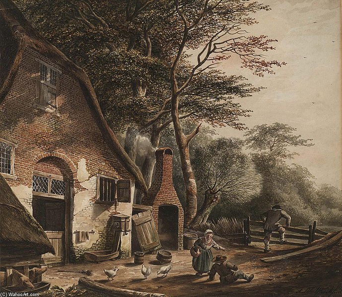 Figures Outside A Farmhouse — Andreas Schelfhout