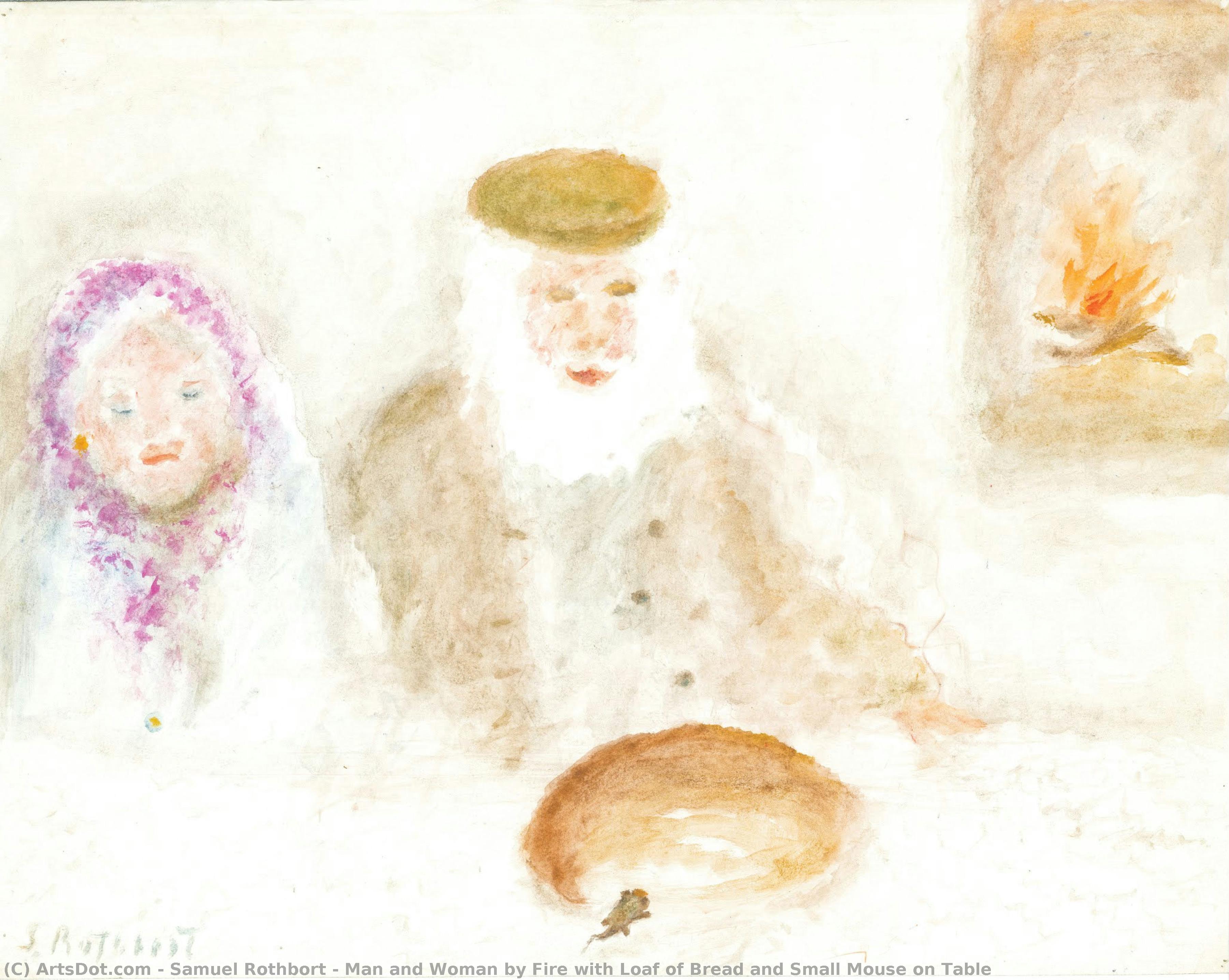 Man And Woman By Fire With Loaf Of Bread And Small Mouse On Table — Samuel Rothbort
