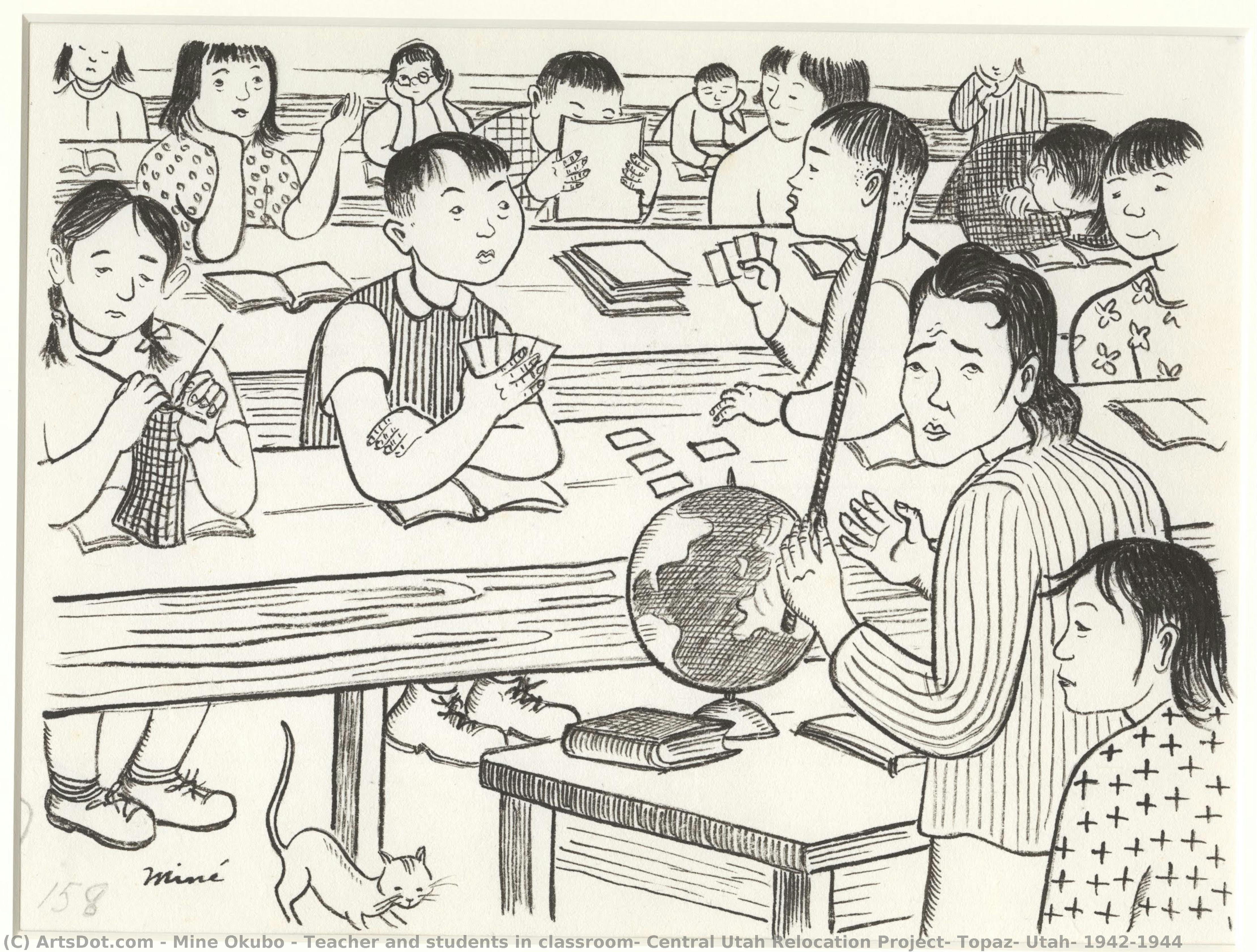 Teacher And Students In Classroom, Central Utah Relocation Project, Topaz, Utah, 1942-1944 — Miné Okubo