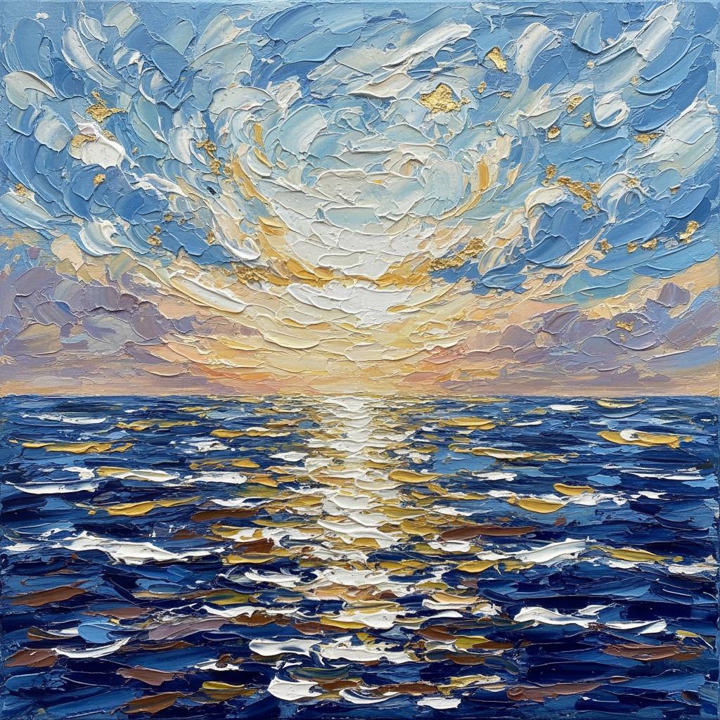 Celestial Radiance Over Undulating Azure Tides In A Singular Impasto Masterpiece — Christian Noiret