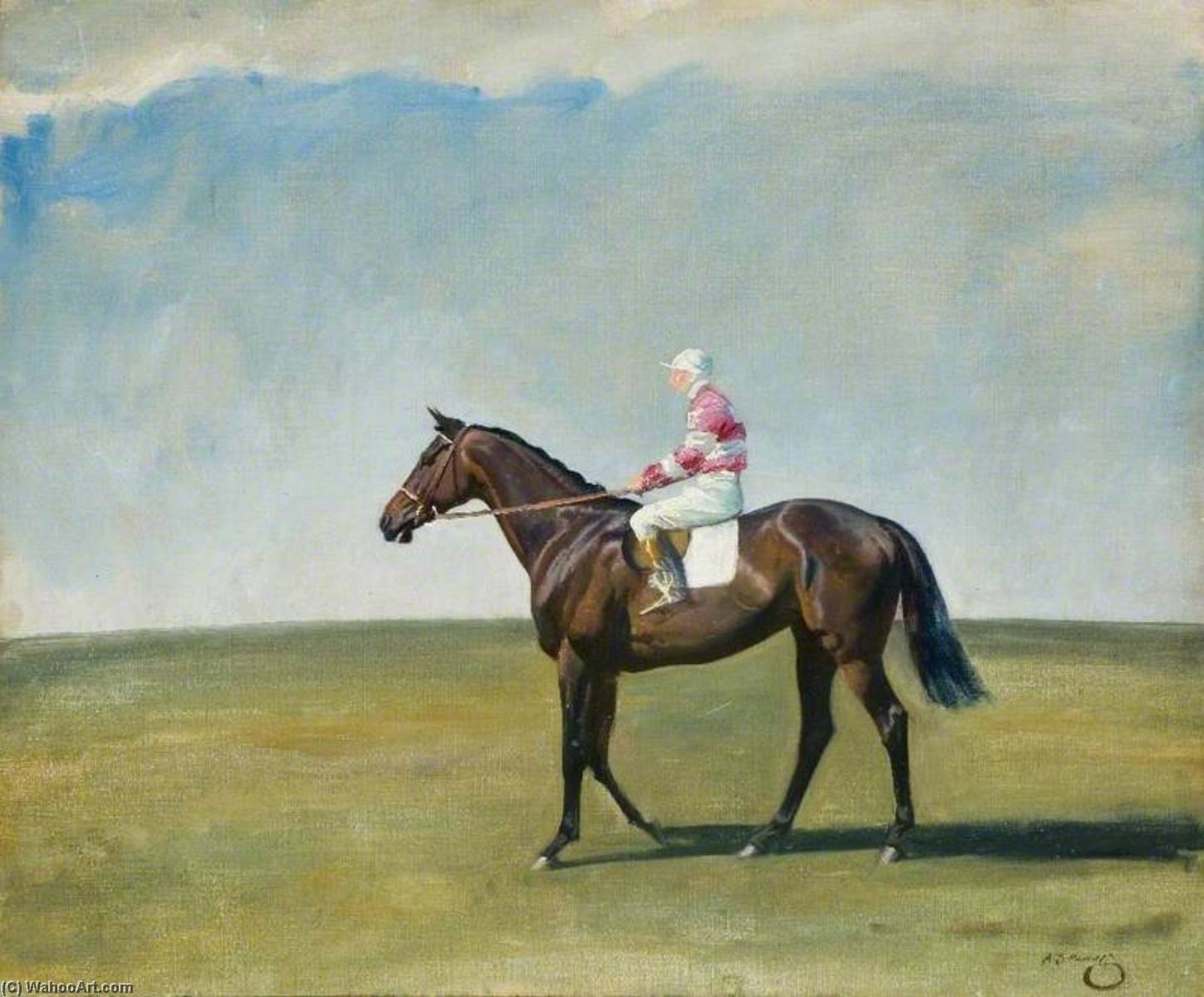 Ein Brauner Rennpferd Mit Jockey, In Rosa Und Weiß Gestreiften Farben, In Einer Landschaft — Sir Alfred James Munnings