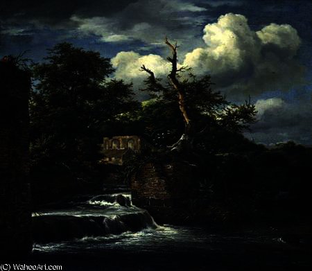 A Wooded Landscape With Mill, Ruin And Two Peasants On A Tower — Jacob Van Ruisdael