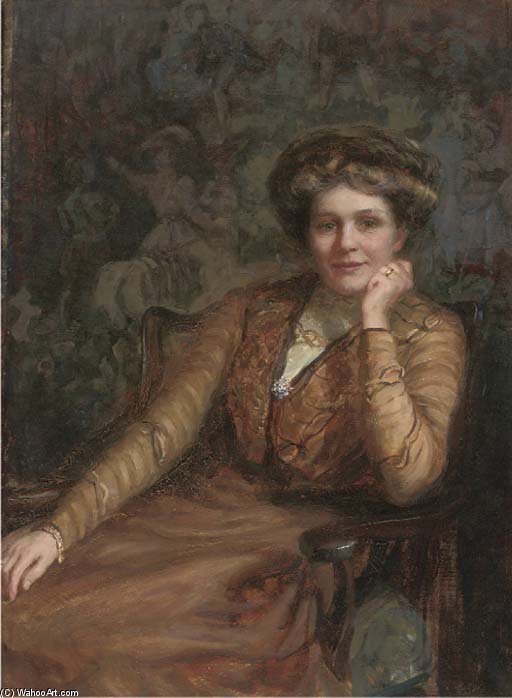 Portrait Of A Lady, Seated Three-quarter-length, In A Brown Dress, In An Interior — John Seymour Lucas