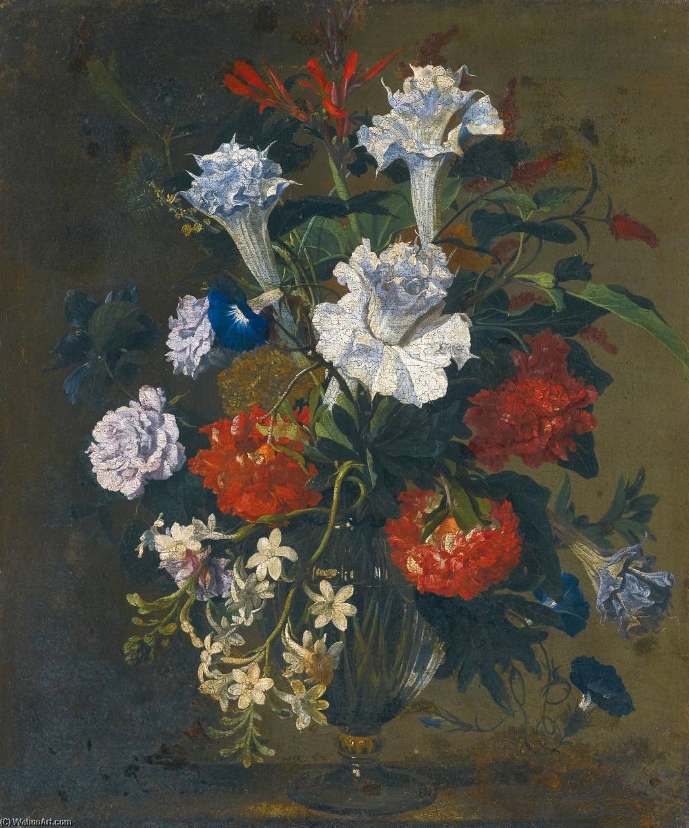 Still Life With Carnations, Lilies, Peonies And Other Flowers In A Glass Vase — Hieronymus Galle The Elder