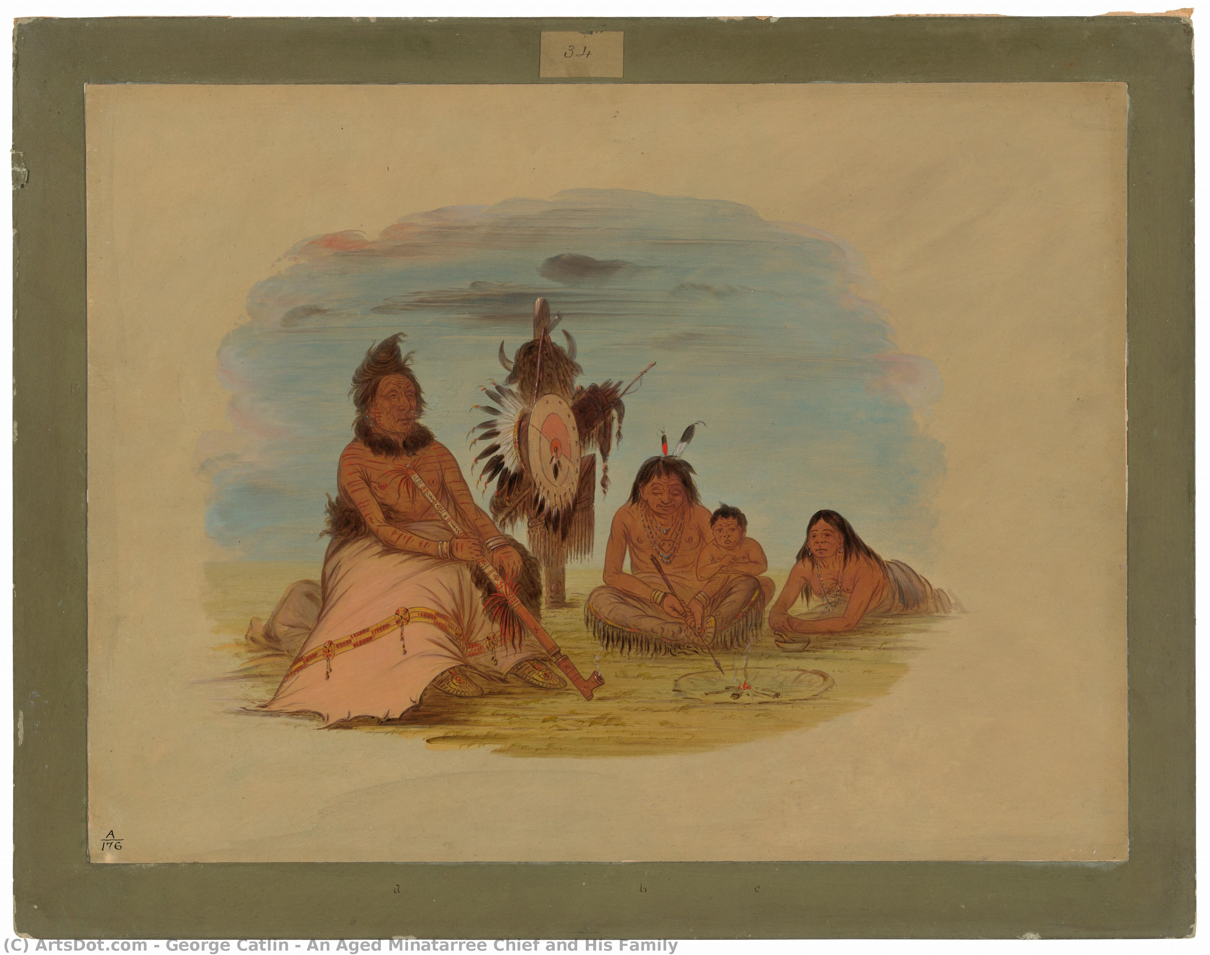 An Aged Minatarree Chief And His Family — George Catlin