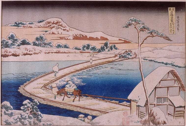 The Pontoon Bridge At Sano In The Province Of Kozuka — Katsushika Hokusai