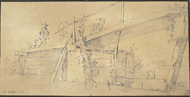 Wooden Bridge Which Passes A Shepherd Leading A Flock — Jean-baptiste Oudry