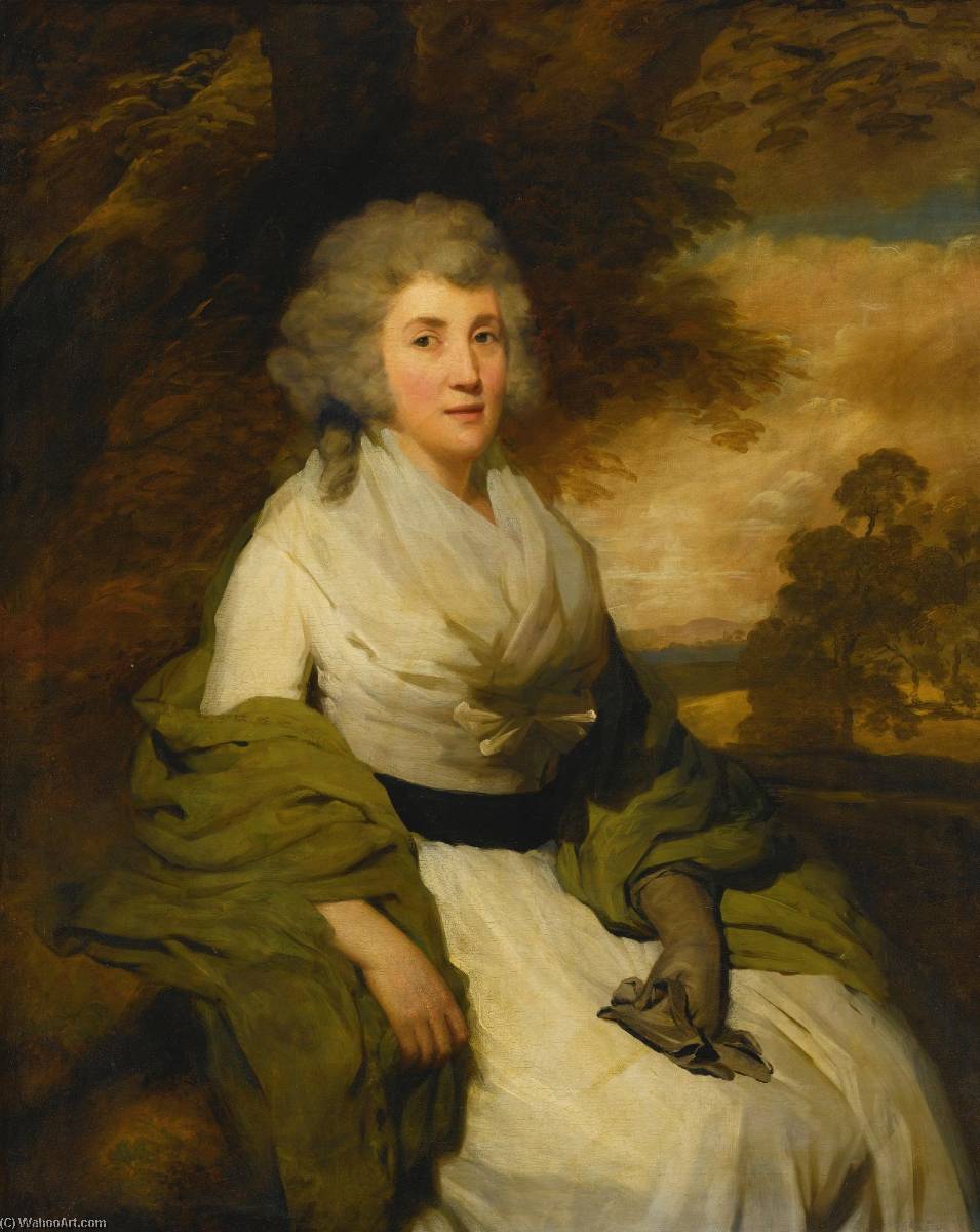 Portrait Of Mrs. John Parish, Seated In A Landscape, Wearing A White Dress With A Green Shawl And Gloves — Henry Raeburn