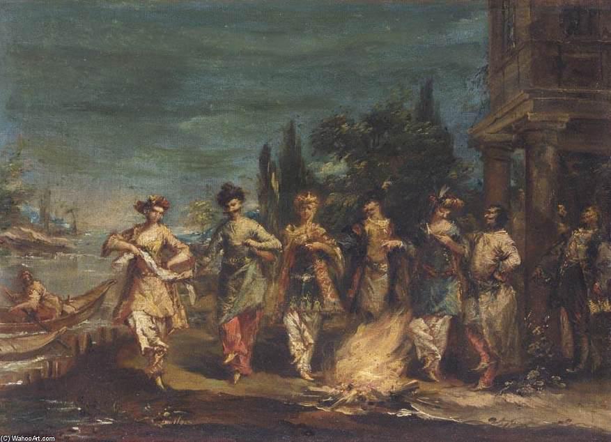 Three Couples In Exotic Dress Dancing In Front Of A Fire — Gianantonio Guardi