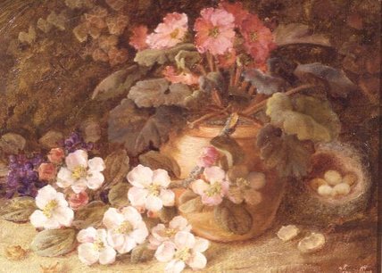Still Life With Apple Blossom, Primula And Bird's Nest — Vincent Clare