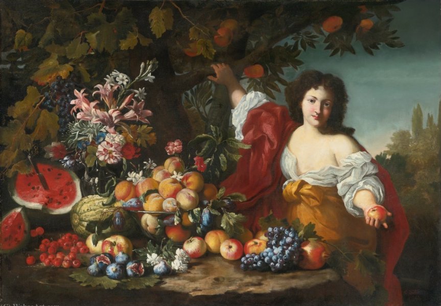 Still Life Of Fruits And Flowers With A Figure — Abraham Brueghel