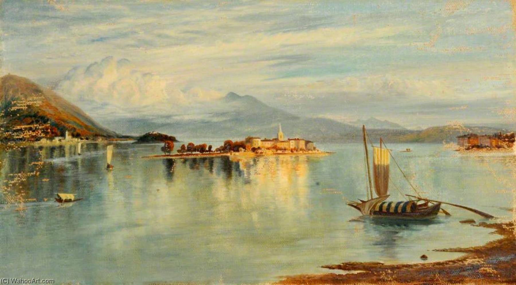 Lake With Islands And A Mountain Backdrop — John Wharlton Bunney